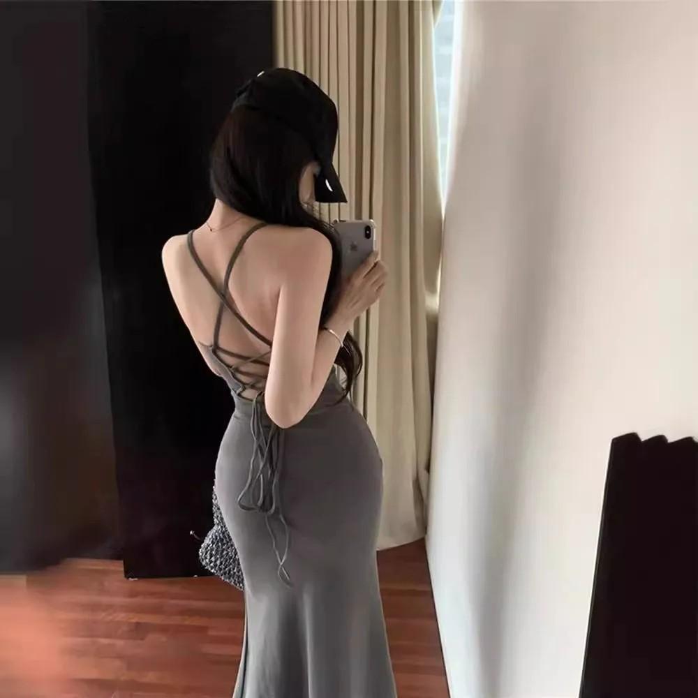 Askılı Kalçalı Seksi Sırt Dekolteli Elbise, Askılı Sarma Etek