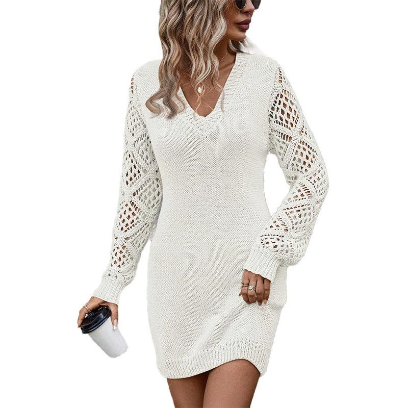 2025 Solid Color V-Neck Knit Dress with Hollow Design for Women - Long Sleeve, Fashionable Spring/Autumn Wear