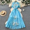 Elegant Short-Sleeve Floral Embroidered Dress for Women Vintage Turn Down Collar Belt Slim A-line Long Maxi Dress