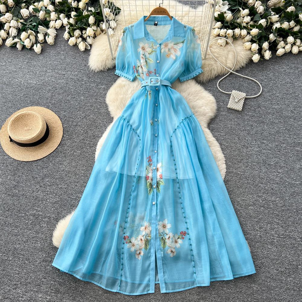 Elegant Short-Sleeve Floral Embroidered Dress for Women Vintage Turn Down Collar Belt Slim A-line Long Maxi Dress