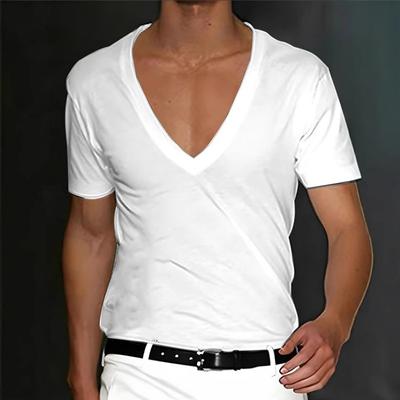 Spring Summer Men's Deep V-Neck Short Sleeve T-Shirt Slim Fit Casual Basic Top