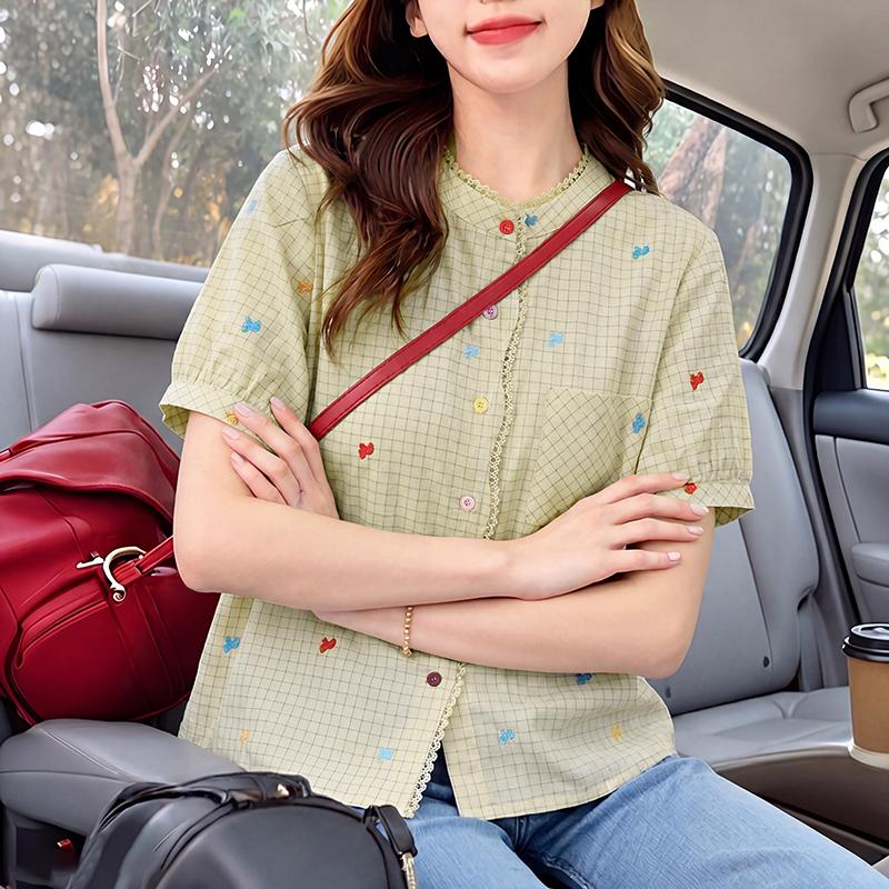 ZANZEA Women Casual Round Neck Loose Short Sleeve Plaid Print Blouse M