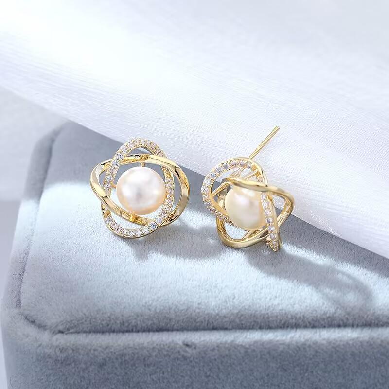 Zircon Crystal Pearl Earrings For Women New Arrival Fashion Luxury Rotate Gold Color Earrings