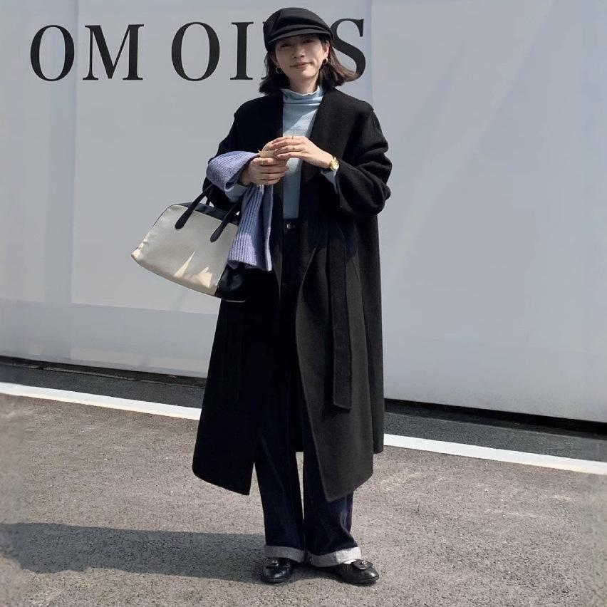 

WT814 высококлассный ленивый халат на шнуровке кашемировое пальто женское повседневное универсальное пальто из шерсти дочери светской львицы M чёрный