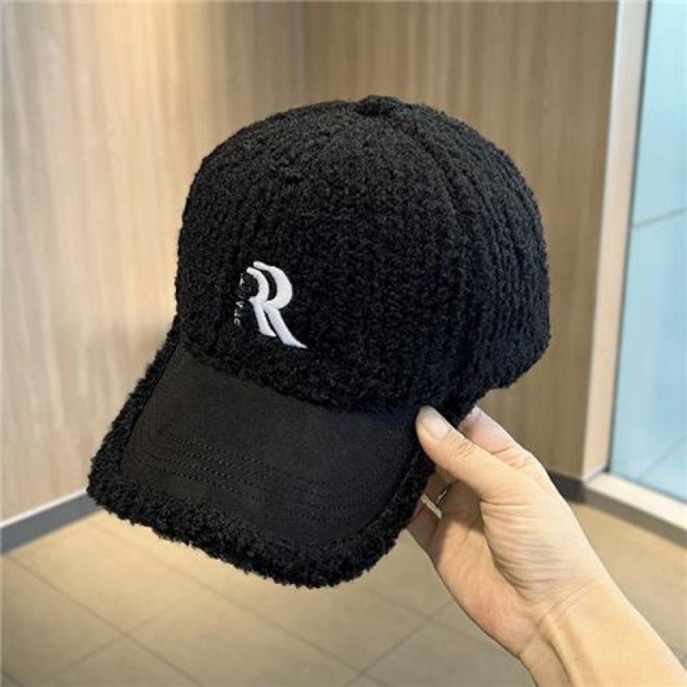 Letters Winter Baseball Cap Double R Plush Peaked Cap Fashion Lamb Wool Hat  Sports