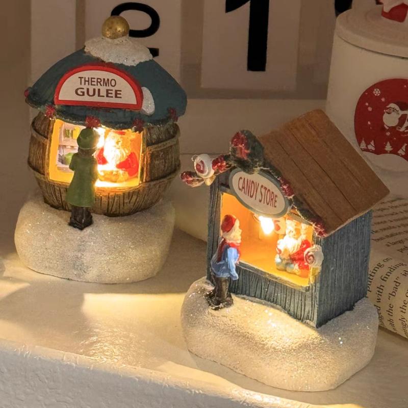 Christmas LED Houses Claus  Pine Needles Snow Christmas Snowman Glowing Ornaments Resin Santa View Holiday Gift Toys for Kids