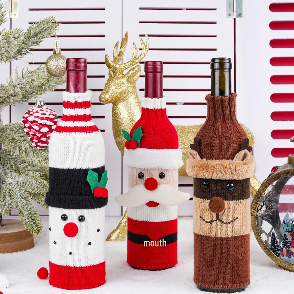 Knitted Santa & Snowman Wine Bottle Covers - Christmas Party Decor