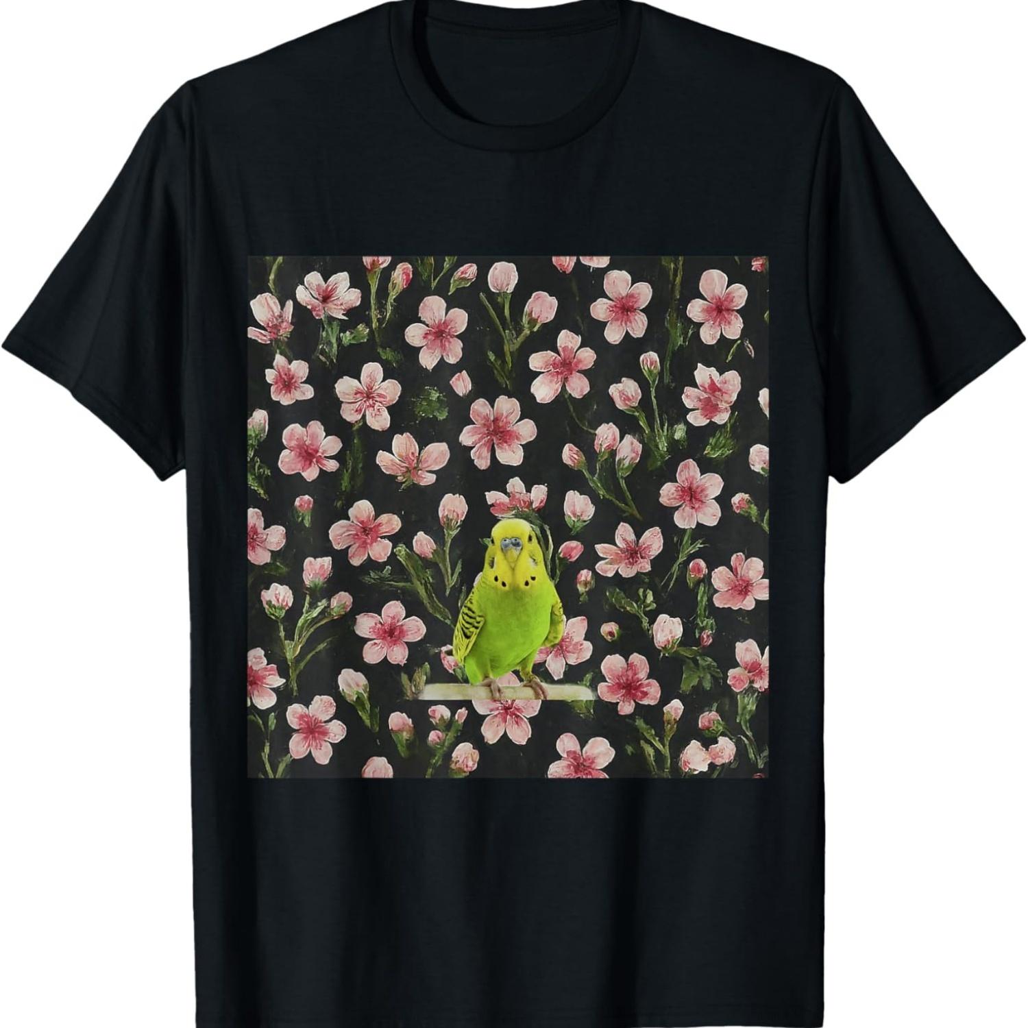Parakeet Budgie Pink Cherry Blossoms Plant Pattern T-Shirt S чёрный