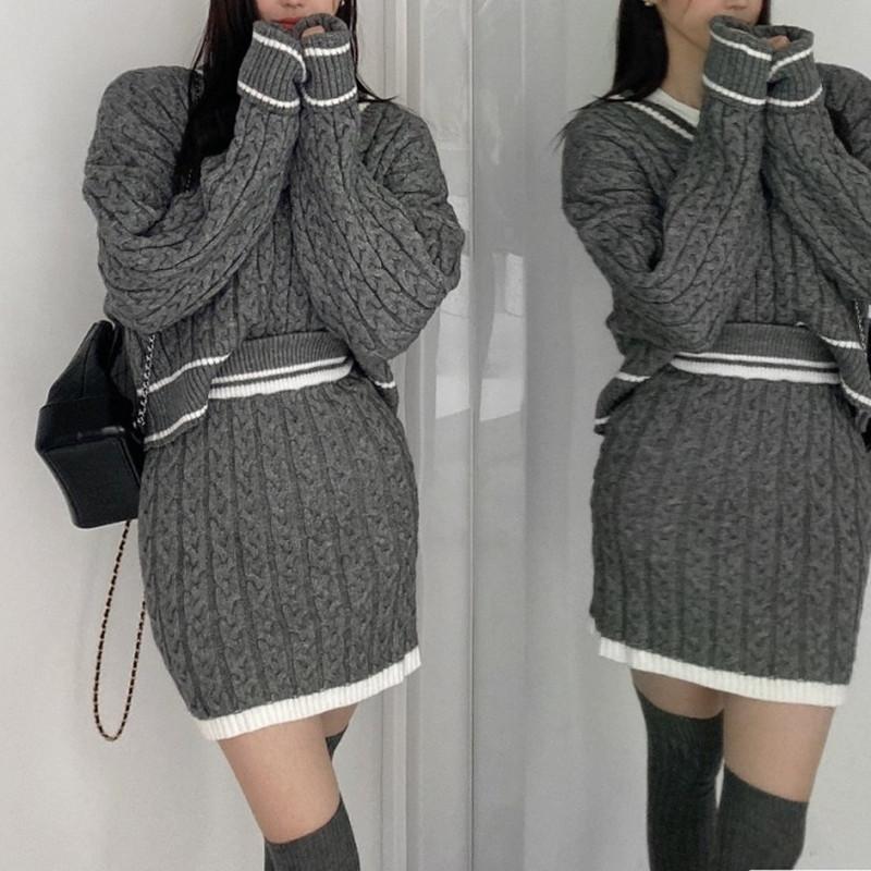 Elegant Korean Fashion Retro V-neck Pullover Twist Sweater Women Simple High Waist Hip-wrapped Knitted Skirt Party Two-piece Set Loose Casual Outfits