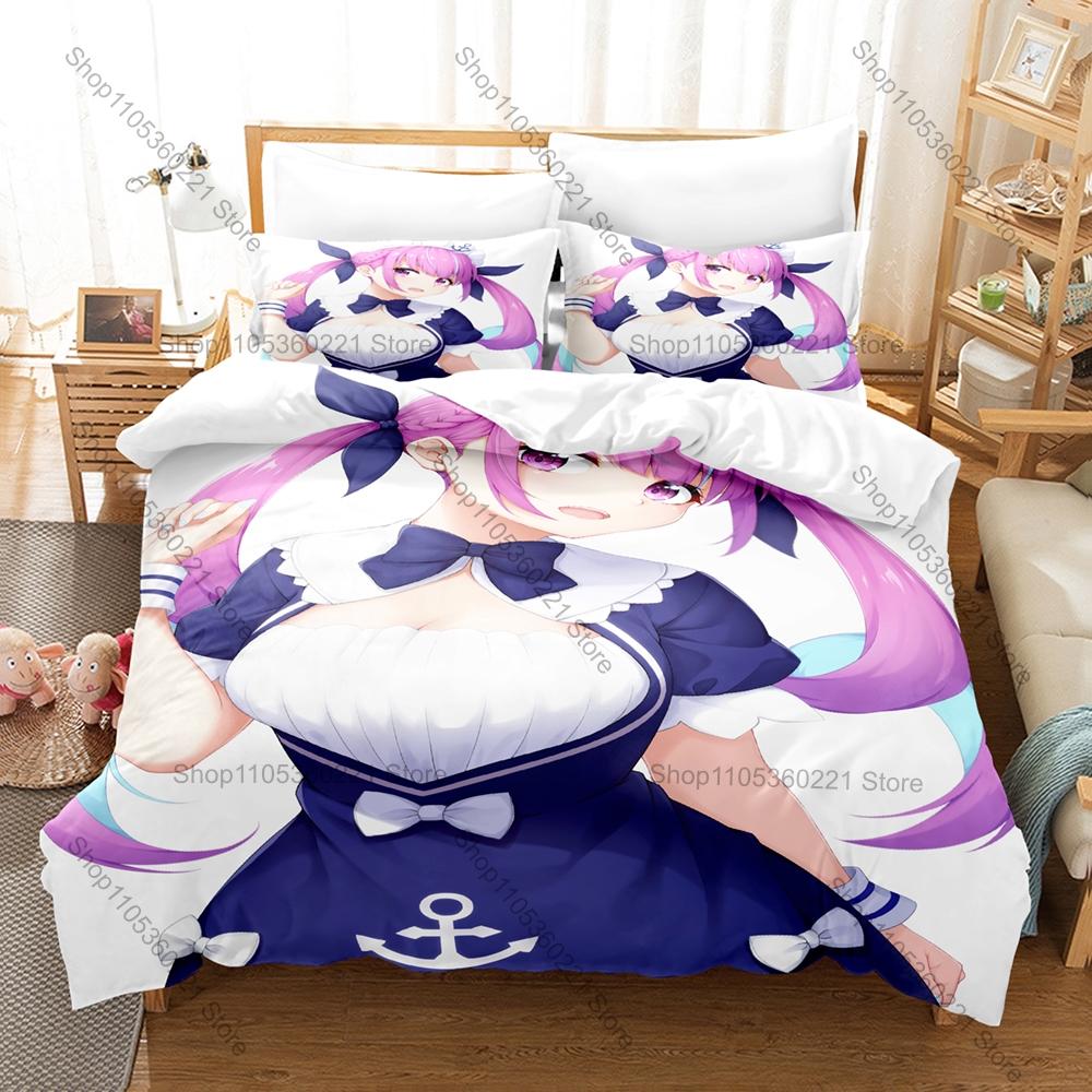 Kawaii Minato Aqua Anchor Logo Graphic Bedding Set Duvet Cover With 2 Pillowcases Teen Room Decor All Season Gift