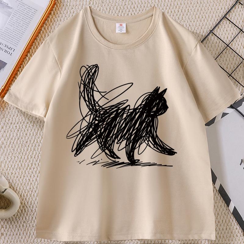 Abstract Cat Line T Shirt Minimalist Scribble Cat TShirt Funny Animal Tee Casual Comfortable Round Neck Short Sleeve Tshirt