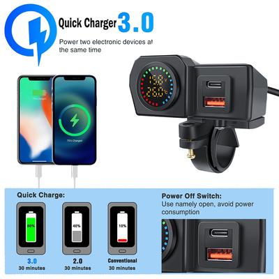 Quick Charger QC3.0+PD Dual USB Socket Motorcycle Handlebar & Rear Mirror 60W Phone Power Adapter Digital Voltmeter Thermometer