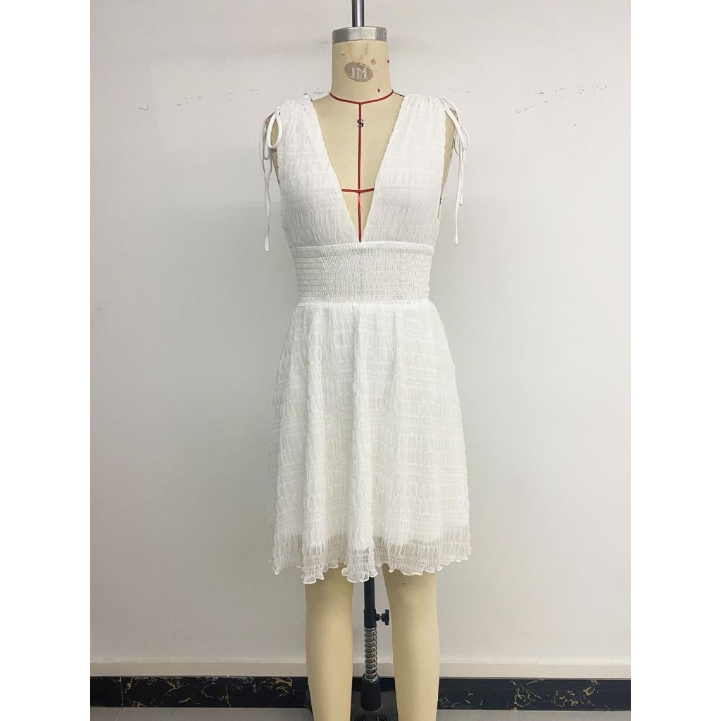 Summer Fresh Vacation White V-neck Strap Mini Dress for Women Cross-border