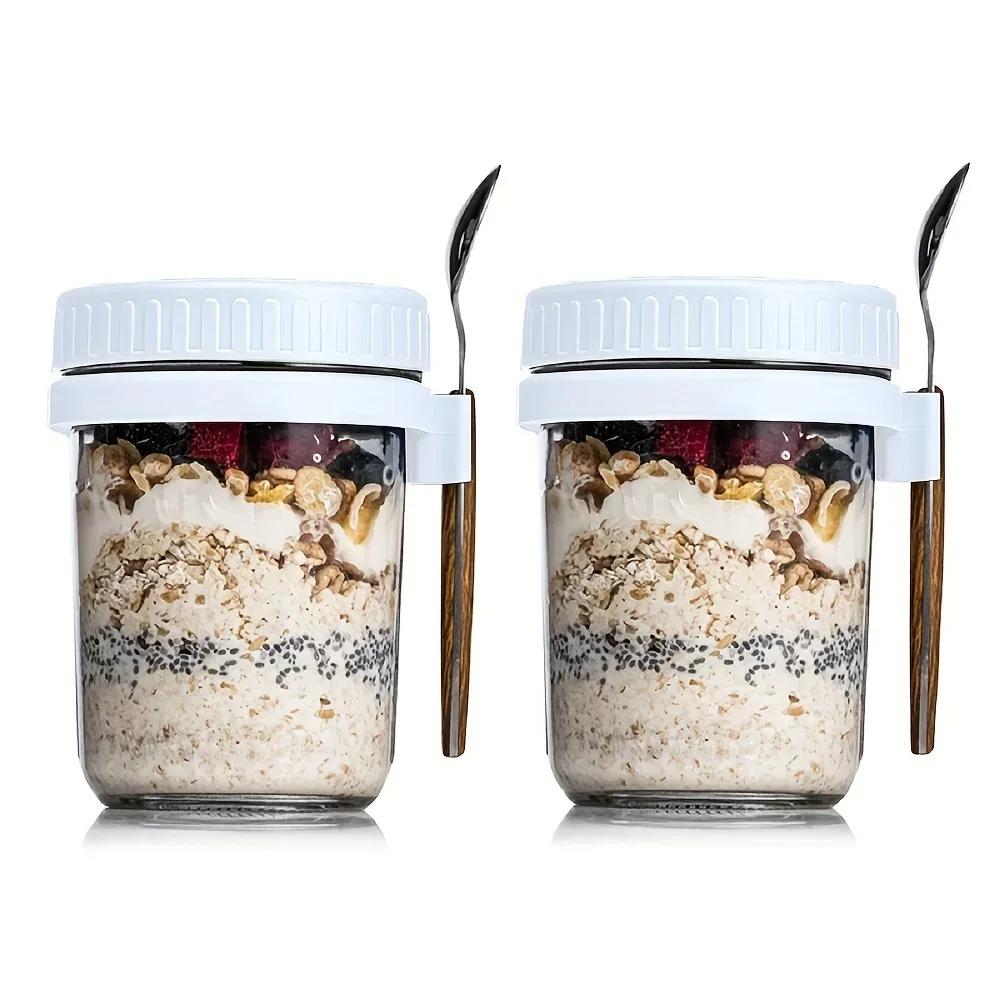 Tazza da avena notturna da 350 ml in vetro con coperchio e cucchiaio, guarnizione per alimenti, tazza per la colazione, portatile, per cereali, latte, insalata, yogurt, articolo da cucina