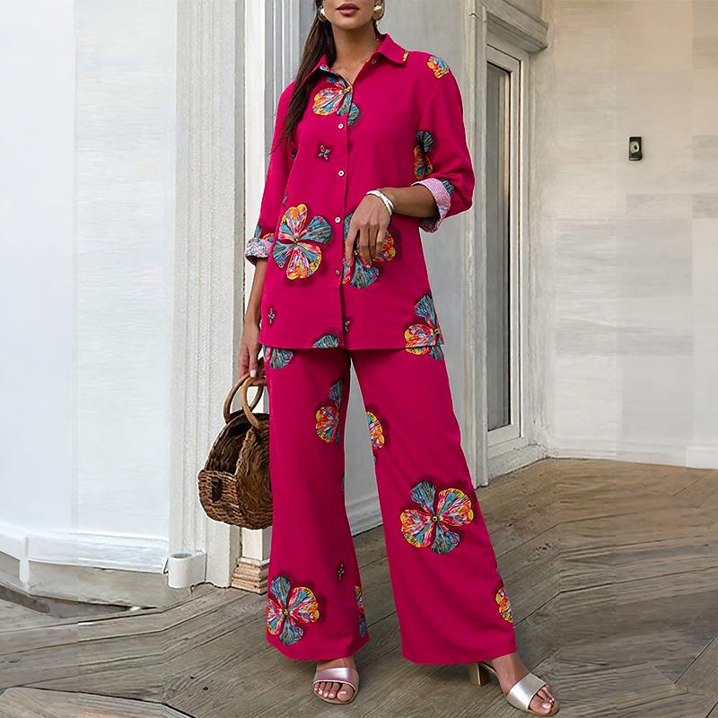 

ZANZEA Женский комплект из блузки с длинным рукавом и брюк с цветочным принтом, костюм-двойка красный