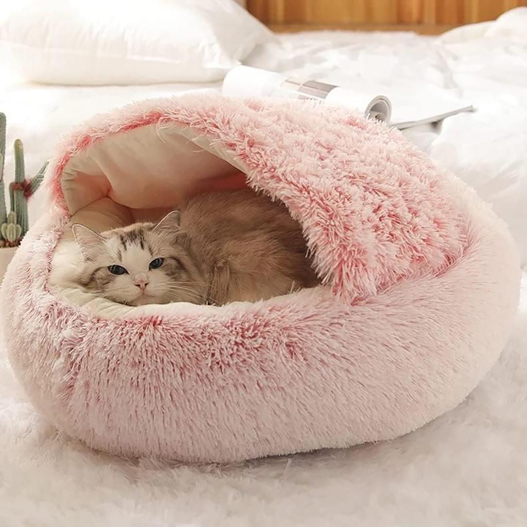 Cat Bed Round Plush Fluffy Hooded Cat Bed Cave Cozy for Indoor Cats or Small Dog Beds Doughnut Calm Anti-nxiety Dog Bed