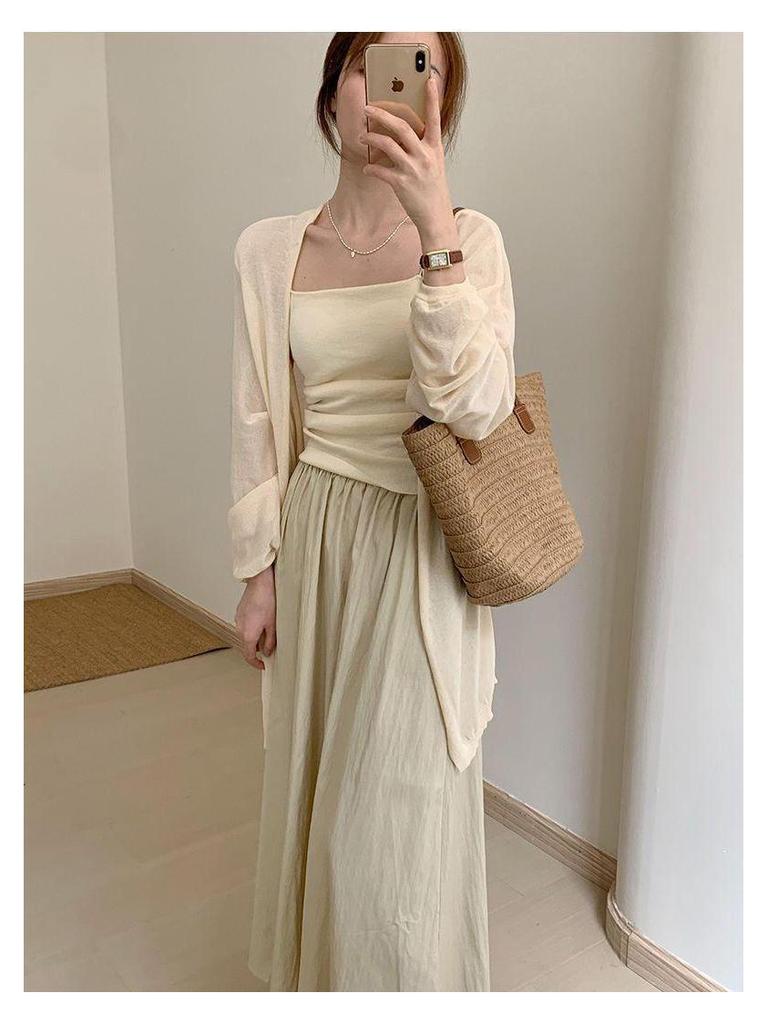 Korean Style Plus Size Loose Knit Cardigan - Spring/Summer, Long Sleeve, Airy & Elegant