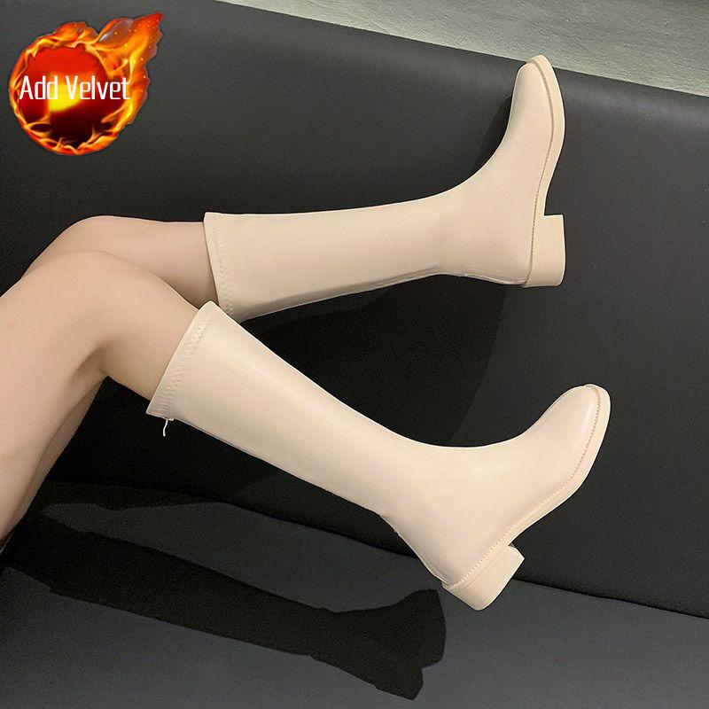 Fashion Square Toe Leather Middle Heel Long Boots for Women Autumn Winter Fashion 2025 New Chic and Elegant Knee High Shaft Shoes Woman