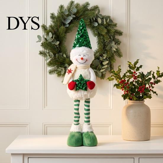 Retractable Long Leg Snowman Dolls Christmas Plush with Extendable Legs, Sequins Hat Holding Star Soft Decor Doll, Standing Legs Xmas Decoration