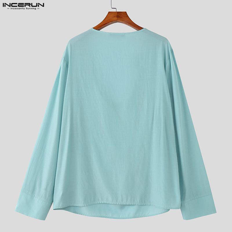 INCERUN Übergroße Herren Deep V Langarm Dünne Lockere T-Shirts Oberteile