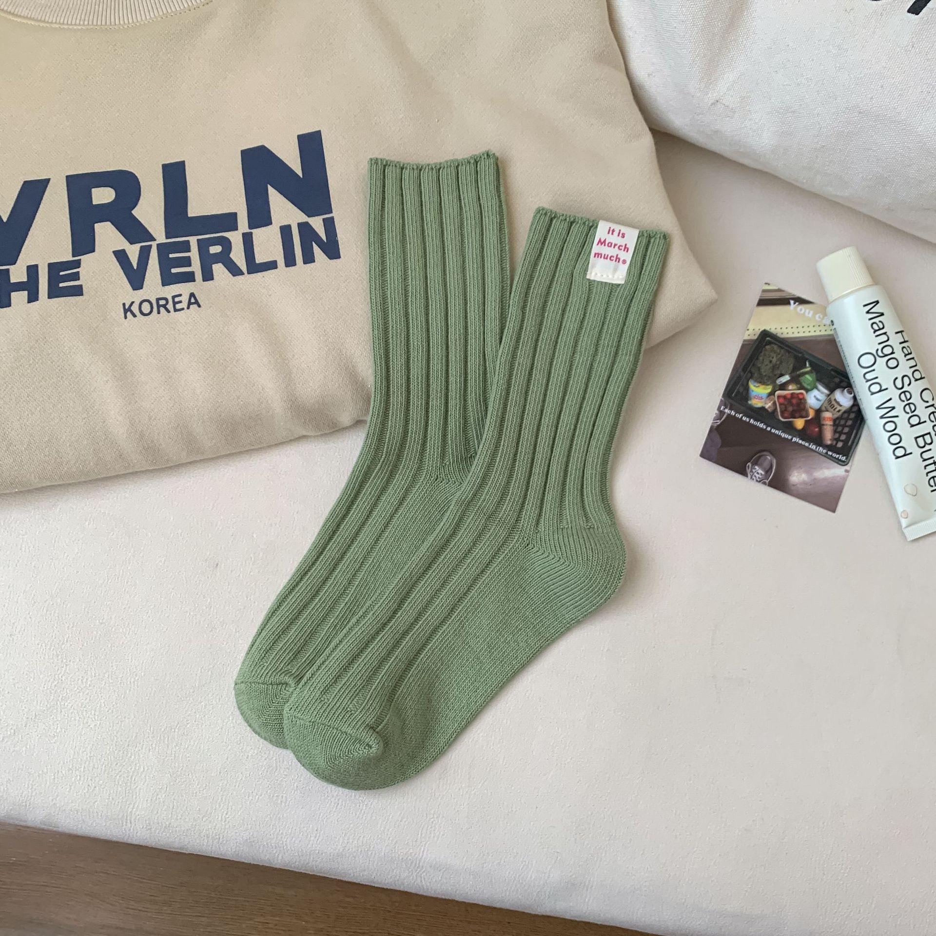 

Retro Thick Line Cloth Label Vertical Strip Calf Socks Solid Color Stacking Socks Warm Versatile Medium Tube Socks One size fits all зелений