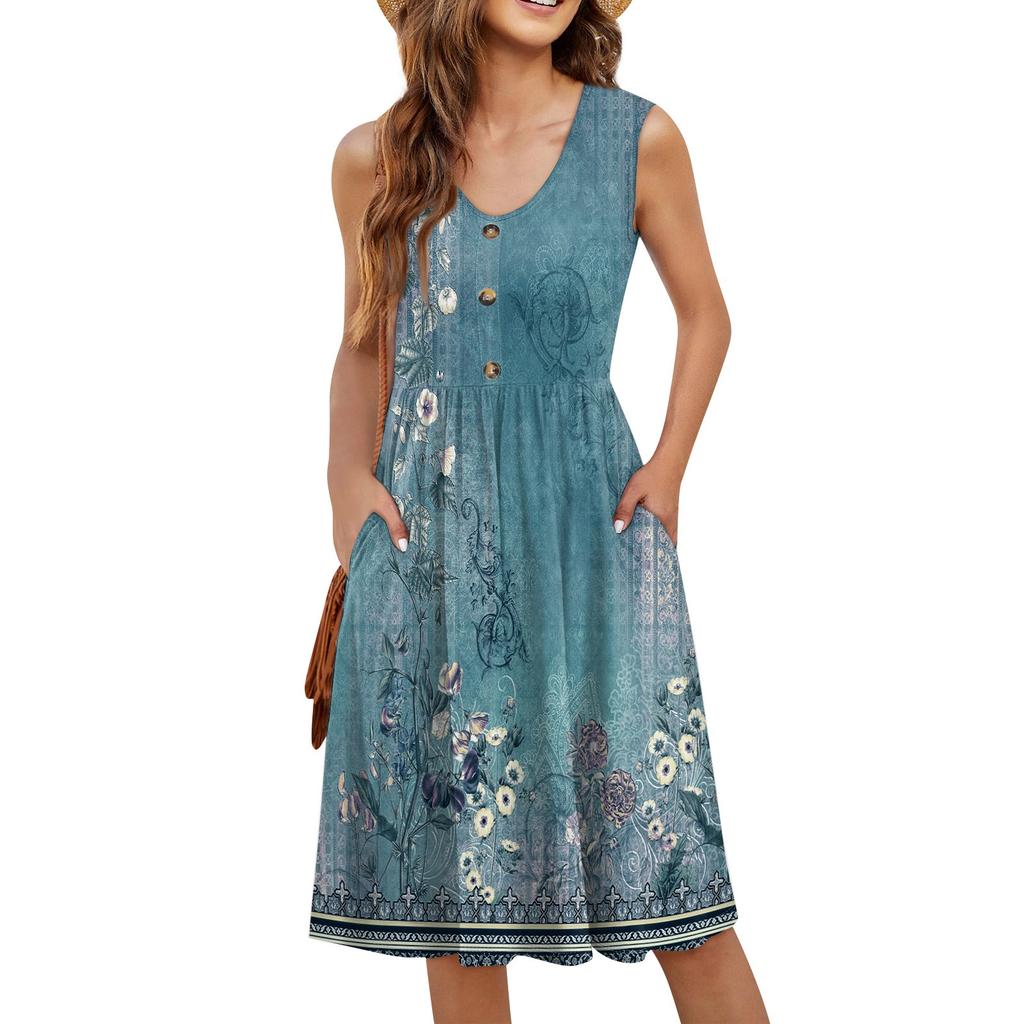 Women's Casual Fashion Sexy V-Neck Button Decoration Sleeveless Floral Floral Print Dress