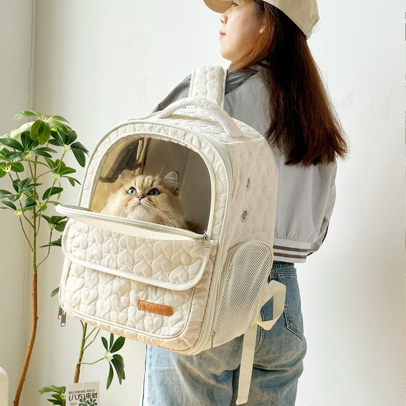 Faltbarer Katzen-Trage-Rucksack mit Herz-Stickerei, große Kapazität, tragbare Haustier-Reisetasche für Katzen bis 7 kg