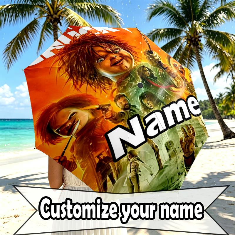 Custom Name Personalized Bride of Chucky Print Umbrella, Auto Open Close, 8‑Rib Sturdy Frame, Commute Camping Hiking Use, Birthday Gift