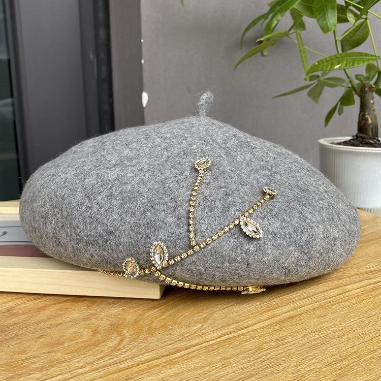 New Rhinestone Beret Fashionable Versatile Woolen Hat Autumn and Winter Three-dimensional Thickened Women's Painter Hat Tide