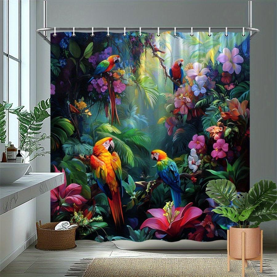 Creative Homewares Tropical Rainforest Shower Curtain Colorful Macaw Parrot Vibrant Flowers Sunlit Canopy Jungle Paradise Bathroom Decor