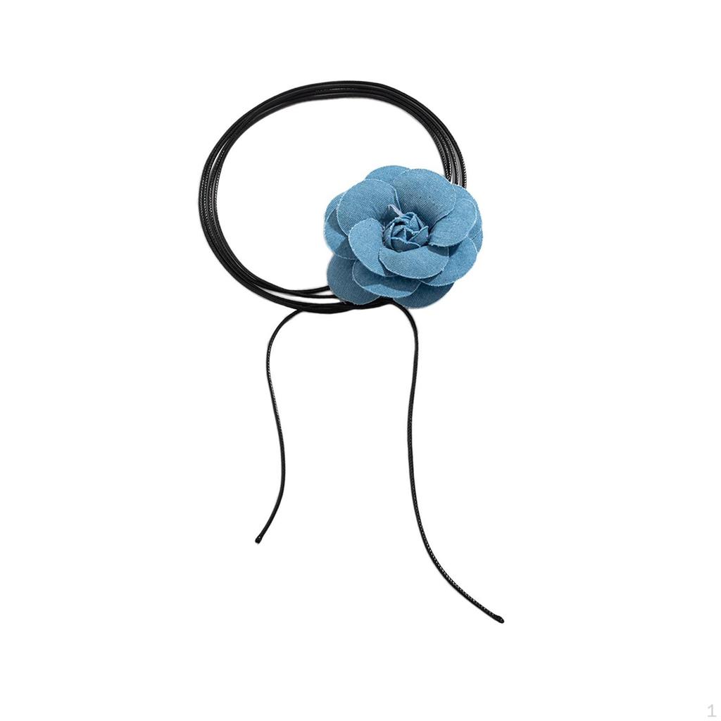 Big Flower Choker Necklace Vintage Style, Denim Large Neck