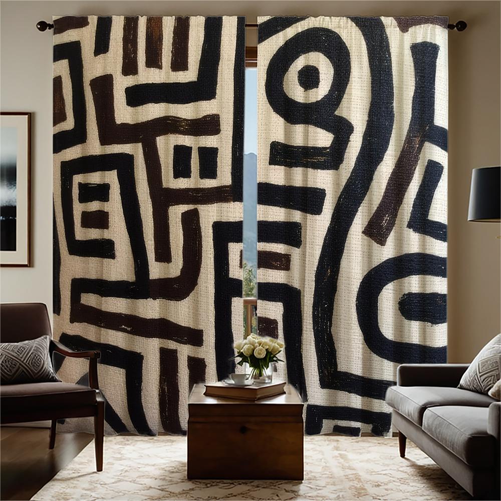 Piece Set High Definition Digital Printed Curtainblack White Geometric Abstract Pattern Curtainhome Decoration Curtain Polyester With Rod Pocket