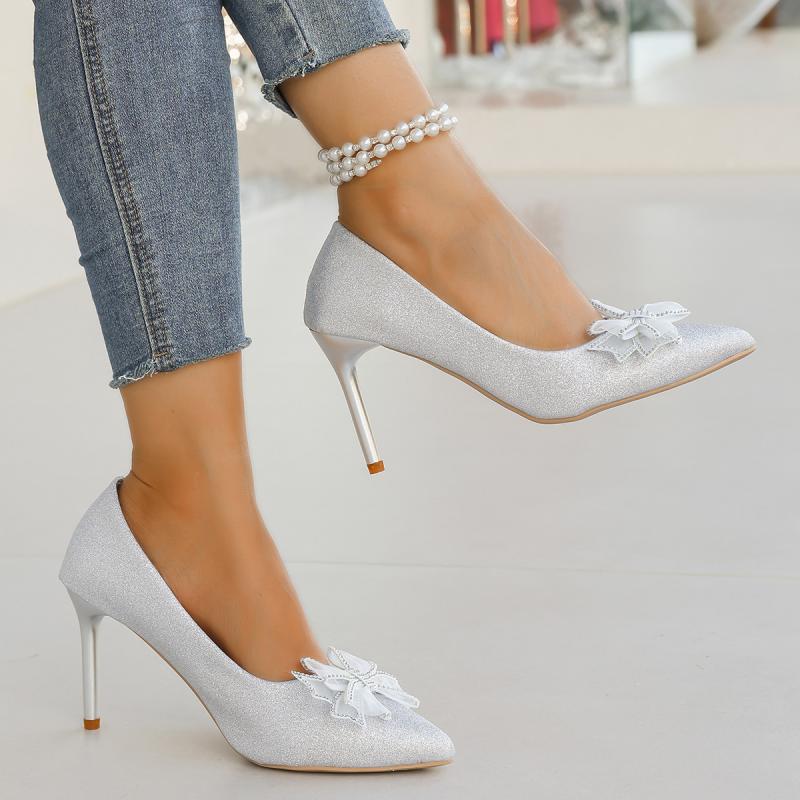 Fashion Brand Design Bowknot Decoration Pumps Women 2025 Summer Sexy Pointed Toe Super High Heel Pumps Luxury Glitter Wedding Shoes