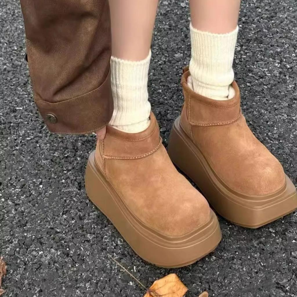 Soft leather version~ square round head warm and heightened snow boots for women's 2024 autumn and winter new thick-soled plush short boots ins