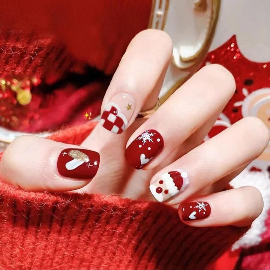 Festive Santa Snowflake Red Glitter Nail Patches - 24 Pieces