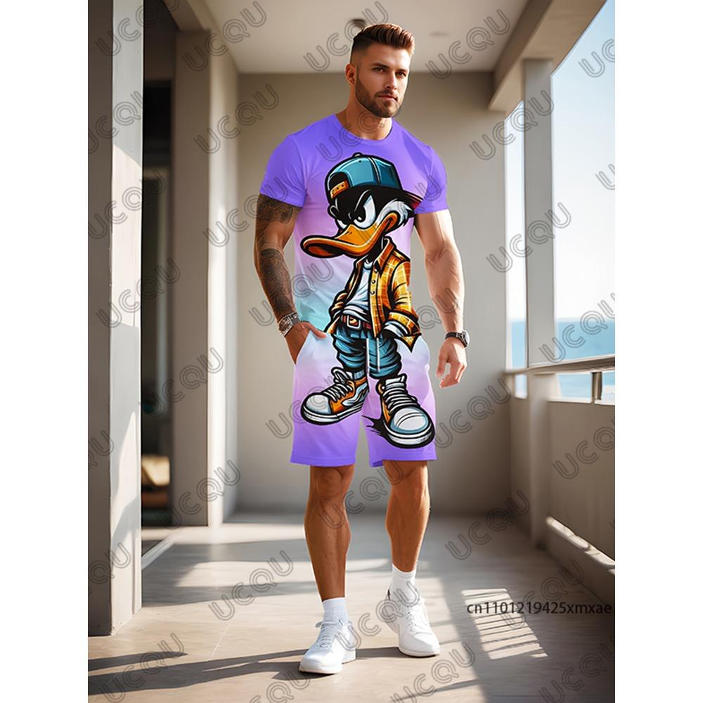 Men's Sets Gradient Funy Duck Print Short Sleeve T-Shirt+Shorts Suit Casual Set Sports Streetwear 2 Piece Outfit