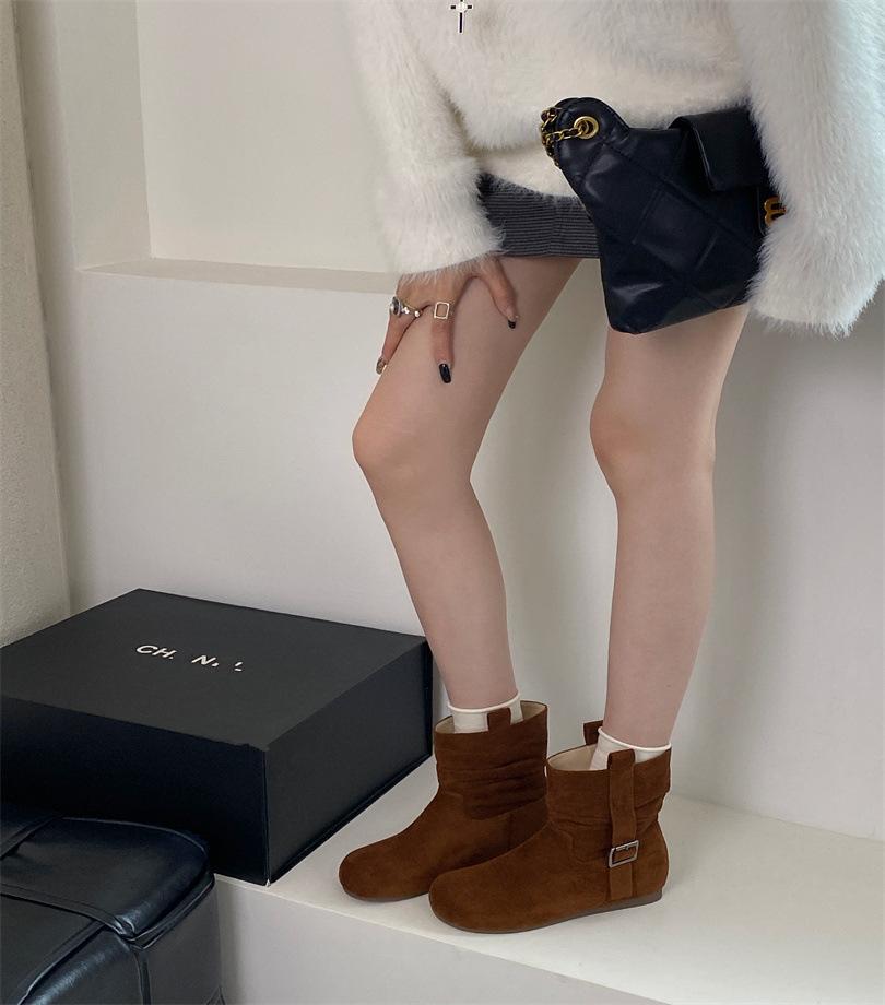 Korean version of round head handmade pleated stacking boots medium tube boots women's new sleeve thin thick heel western cowboy boots