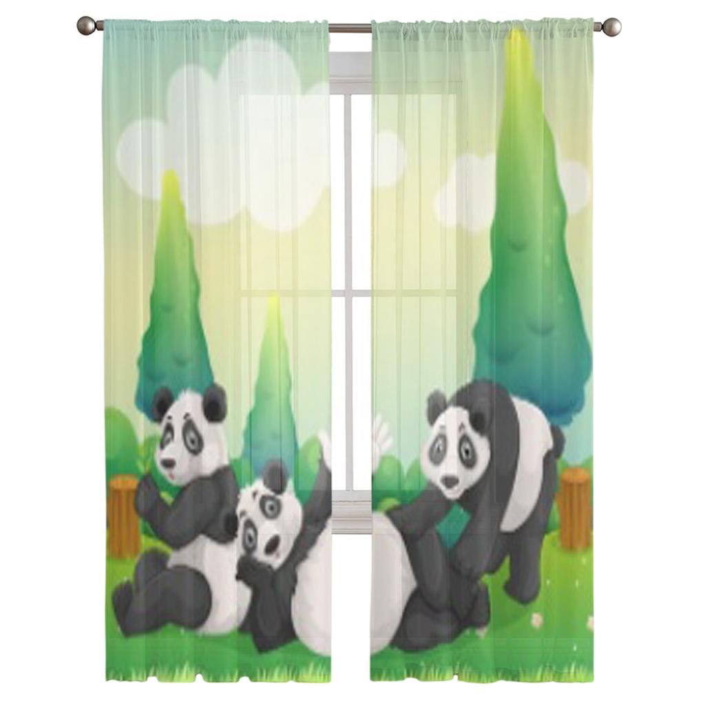 Trzy Pandy Bawiące Się w Parku Luksusowe Szyfonowe Przezroczyste Zasłony do Dekoracji Salonu Sypialni Okienne Woale Tiulowa Zasłona