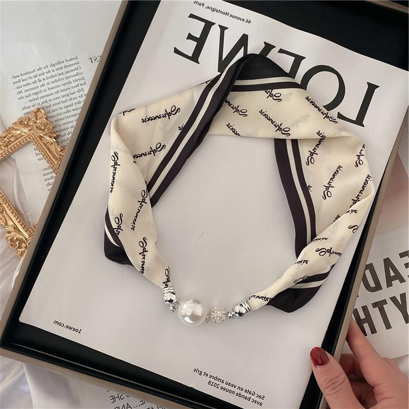New Luxury Design Magnetic Pearls Button Silk Scarf Women Summer Neck Ornament Silk Scarves Lady Shirt Sunscreen Decoration Gift