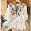 Dames Zomer Vintage Zware Borduurwerk Katoen-Linnen Blend Blouse Casual Pullover Losse Pasvorm Literaire Stijl Top