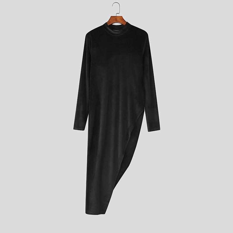 INCERUN Autumn Men Turtleneck Long Sleeve Texture Rib Irregular Tunic Tops Pullovers
