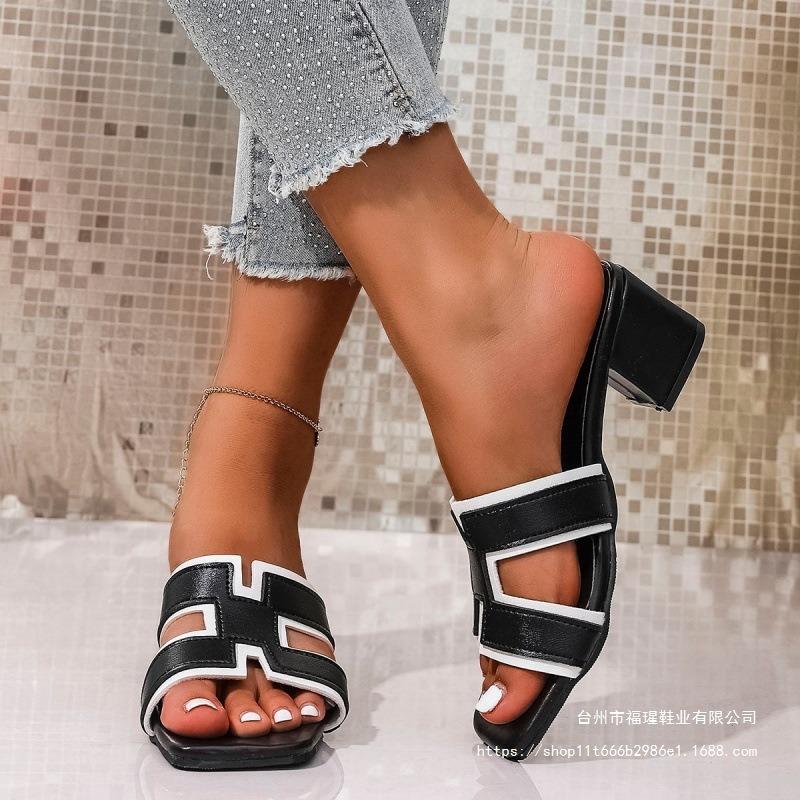 European and American style high-heeled slippers women's 2025 summer new thick-heeled cool slippers fashion beach