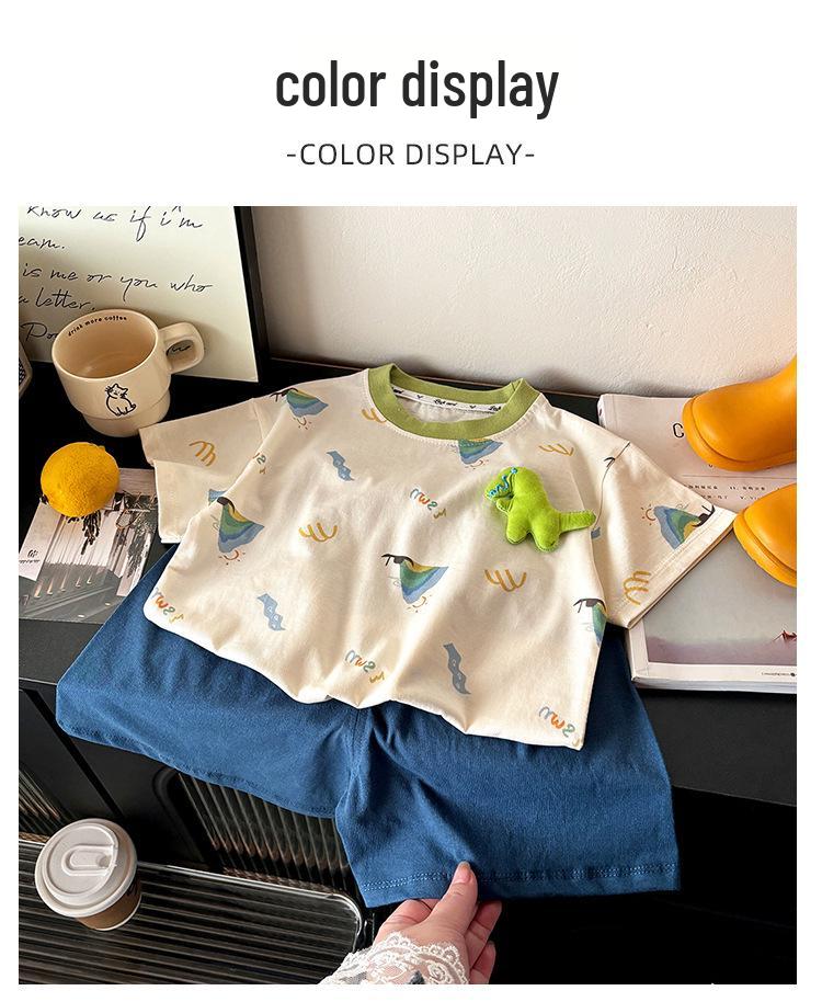 2026 Cute Cartoon Stripe Two-Piece Set: Short Sleeve T-shirt & Shorts for Small/Medium Children - Antibacterial, Class A.