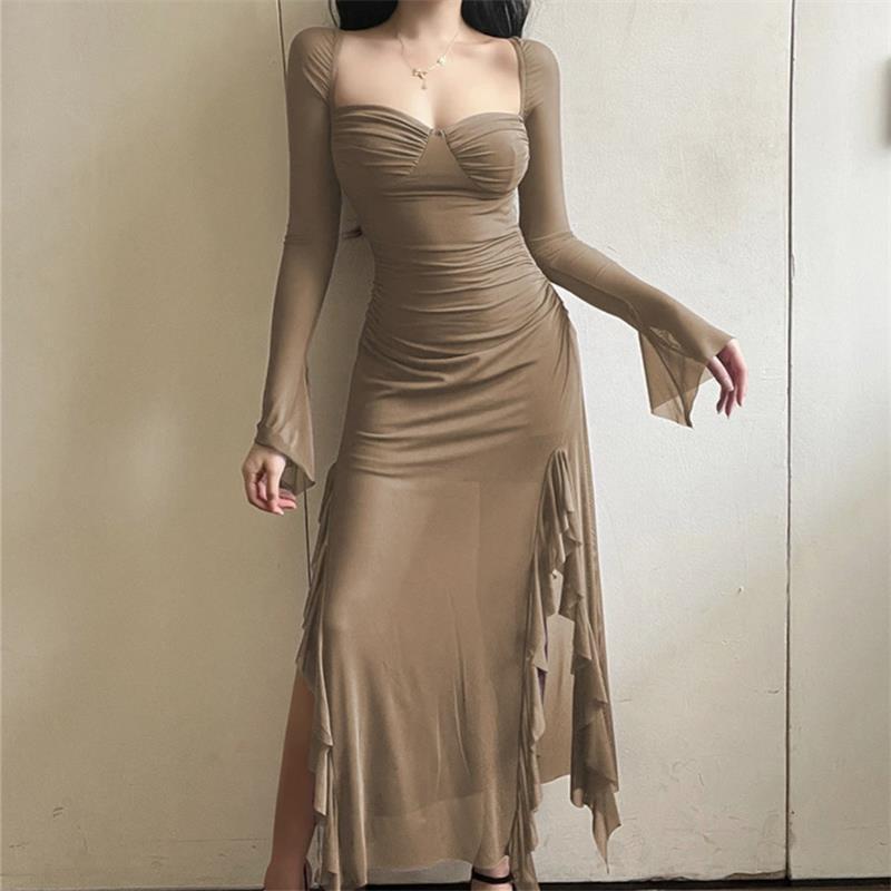 Women's Early Spring High-Waist Mesh Ruffle Bodycon Dress with Square Neck and Slit