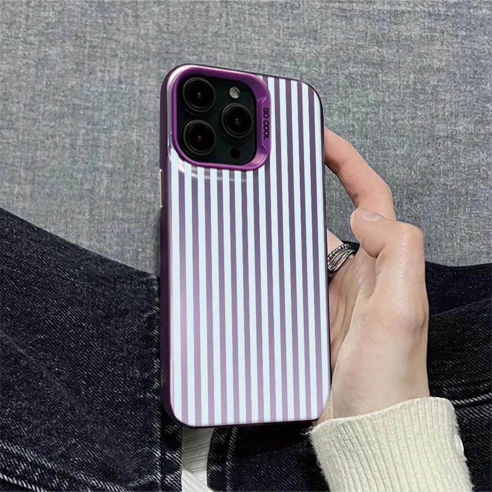 Gentle Purple Grey Stripe Shockproof Phone Case for iPhone 17 17E 16 15 14 13 12 11 Pro Max imitate Laser Silver hard Cover