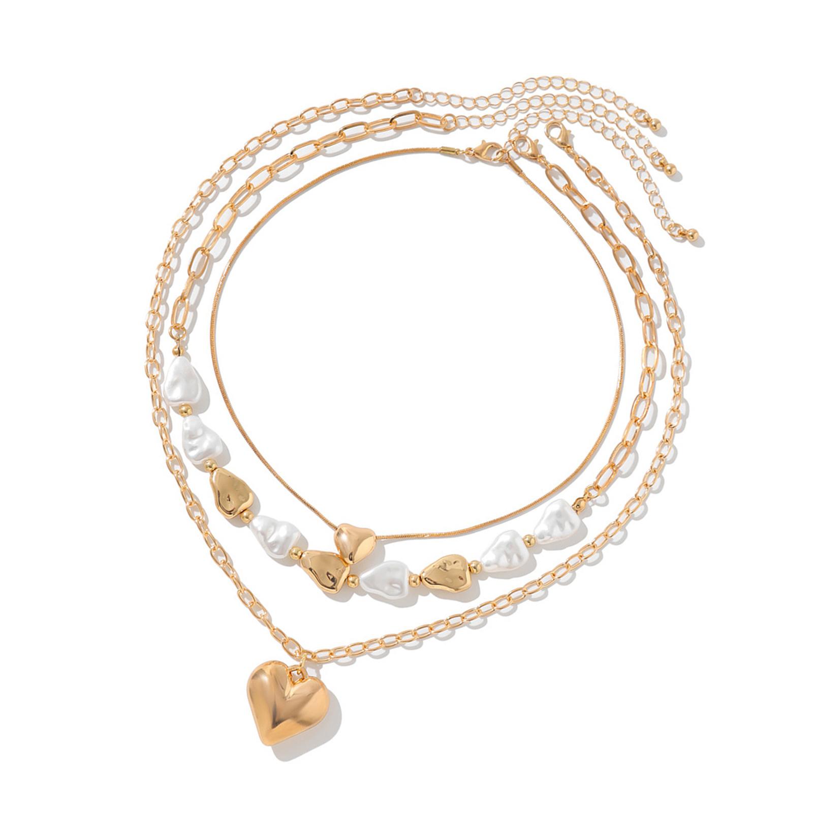 

Pack Of 3 Faux Pearls Choker Necklaces with Heart Pendant Multi Layered Neckchain Adjustable Clavicle Chain for Women золотой