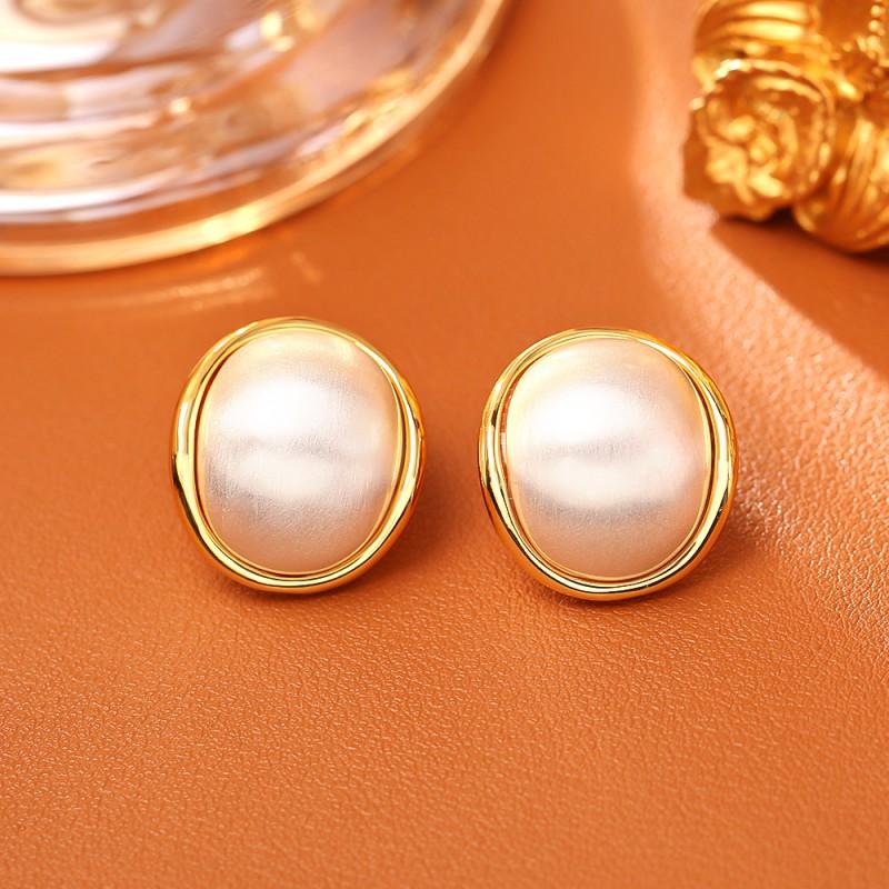 Elegant Oval Stud Earrings Women Vintage French Style Minimalist Jewelry With Post Real Gold Plating
