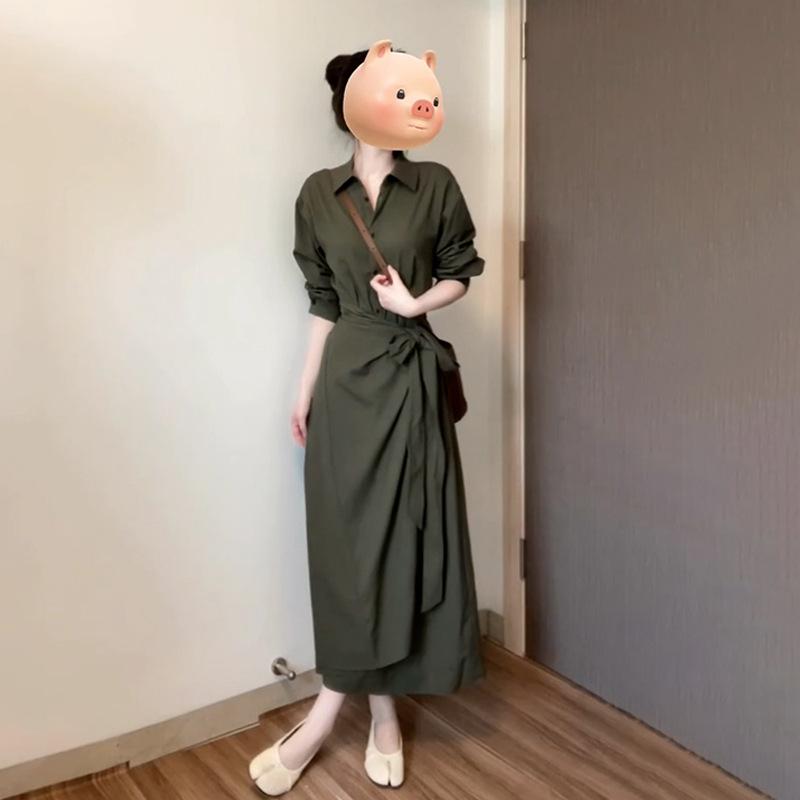 French Haute Couture Green Long-sleeved Shirt Dress Women's New Open Autumn Wear Waist Dress