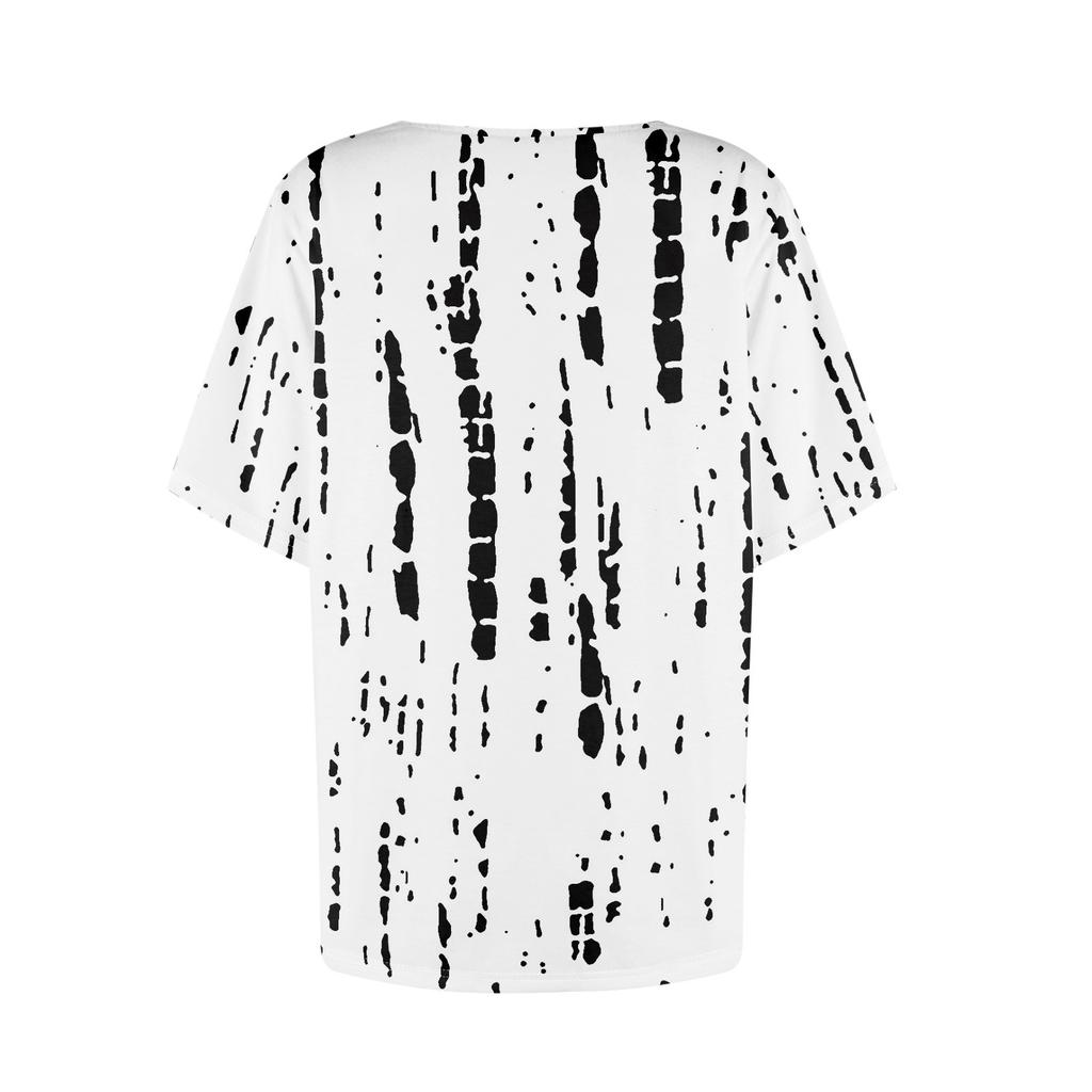 Maglietta da donna casual stampata con scollo asimmetrico, maniche corte e bottone decorativo