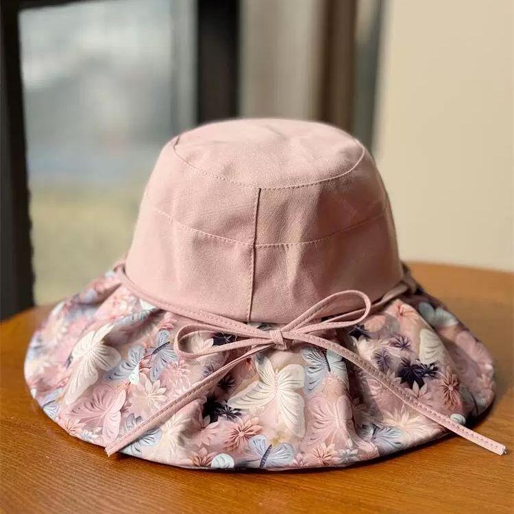 Summer Travel Big Brimmed Fisherman Hat, Women's Printed Bow Sun Hat Face Covering Beach Hat Sun Hat UV Protection